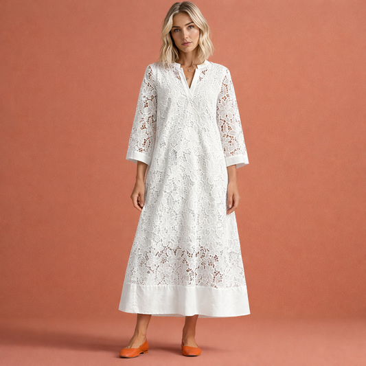 Elegant lace dress with 3/4 sleeves and high collar for women | Vicky