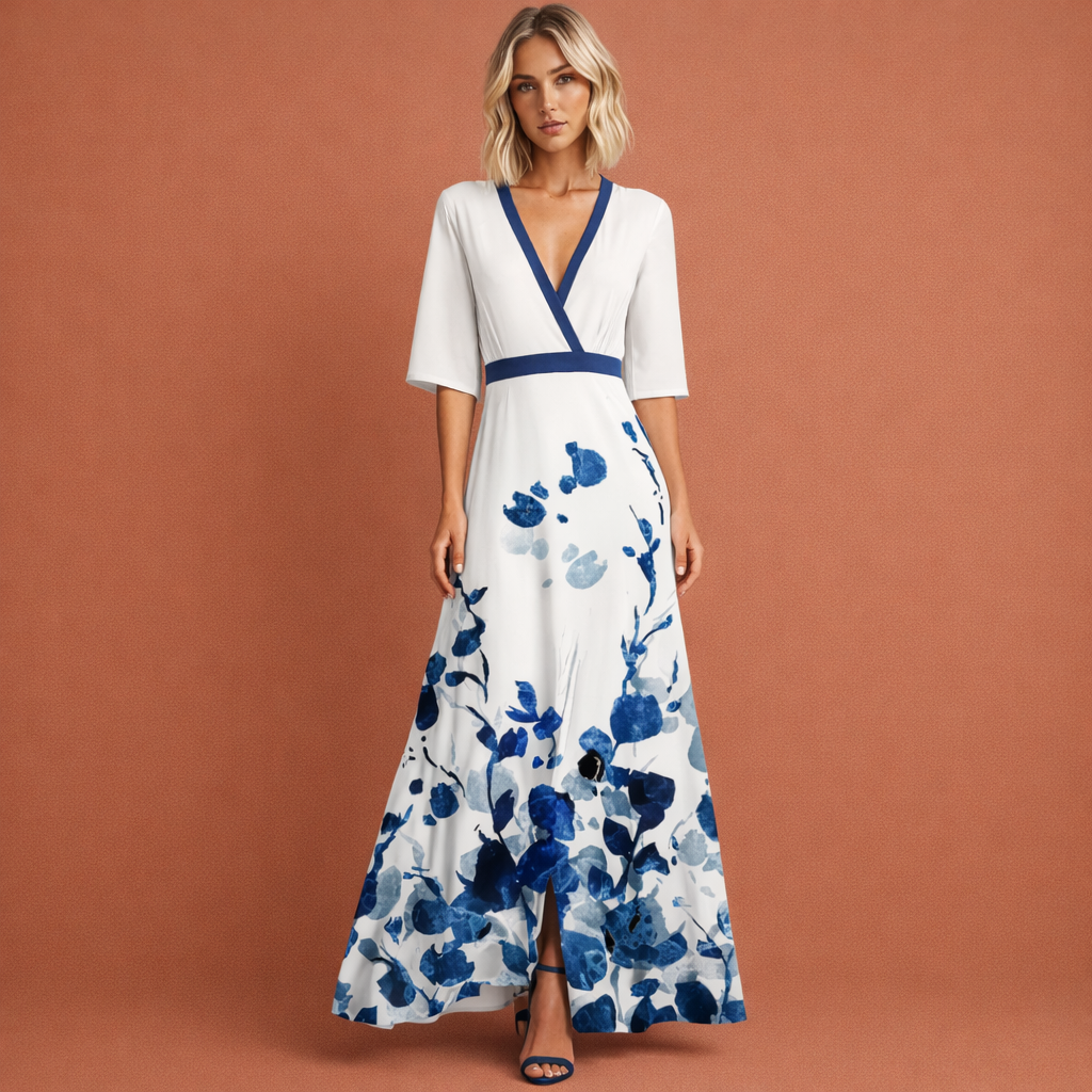 Long floral print dress with V-neck for women | Penelope