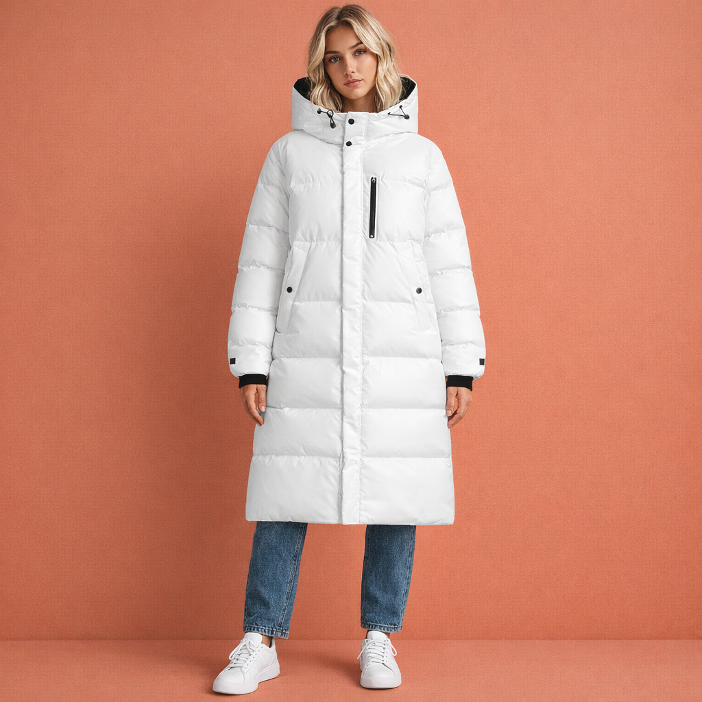 Long quilted winter coat with front pockets for women | Katja