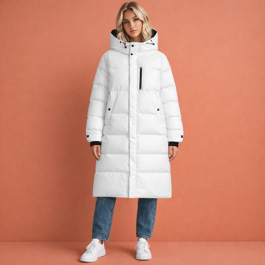 Long quilted winter coat with front pockets for women | Katja