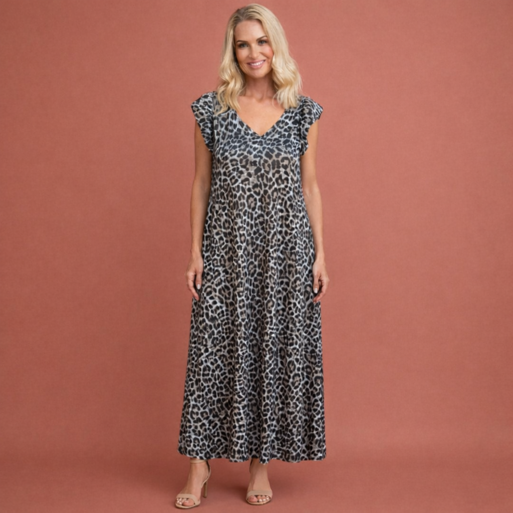 Maxi dress with V-neck and animal print for women | Lieke-Marie