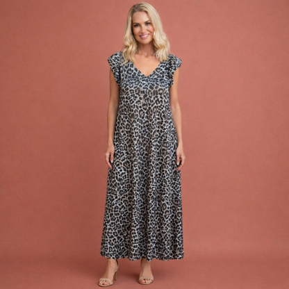 Maxi dress with V-neck and animal print for women | Lieke-Marie