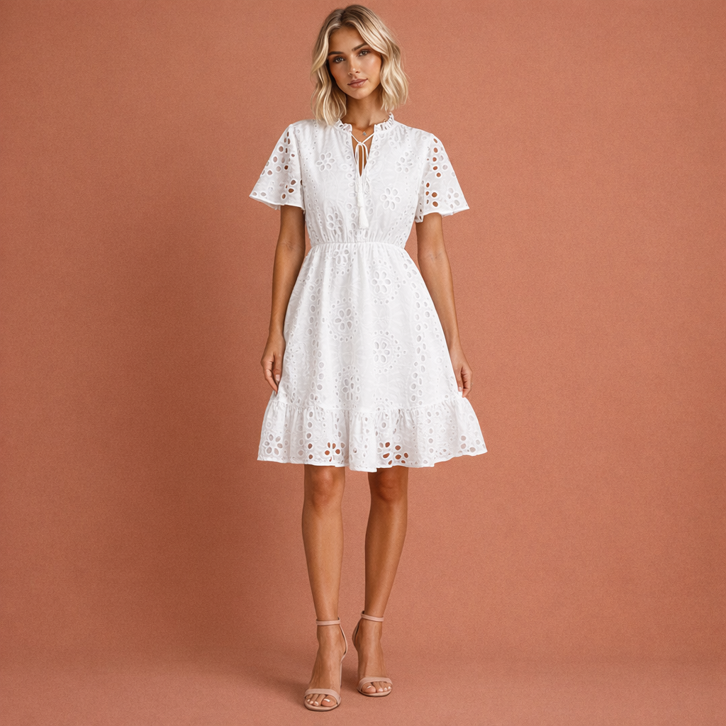 Lightweight white mini dress with boho details and short sleeves for women | Nienke