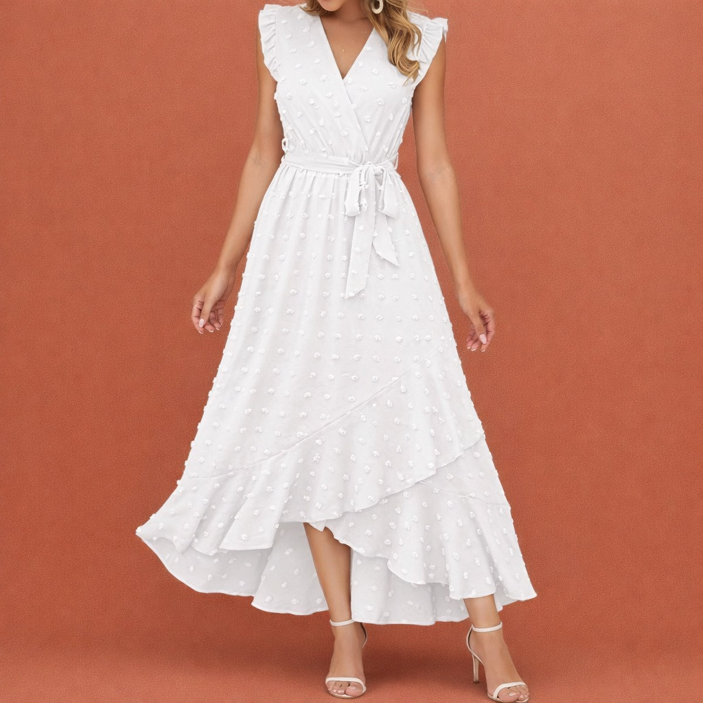Maxi pleated dress with polka dots and short sleeves for women | Celina