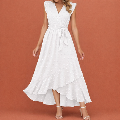 Maxi pleated dress with polka dots and short sleeves for women | Celina