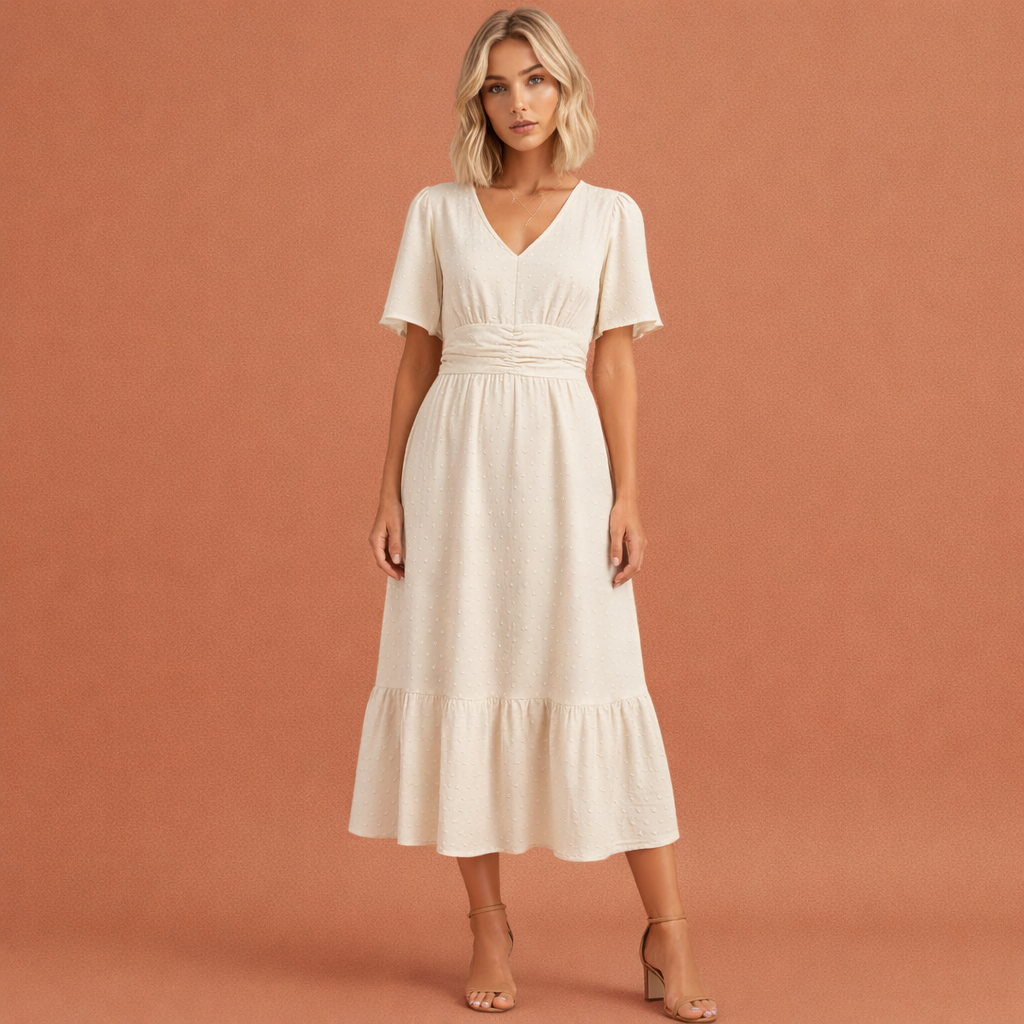 Midi summer dress with V-neck and waist accentuation for women | Toos
