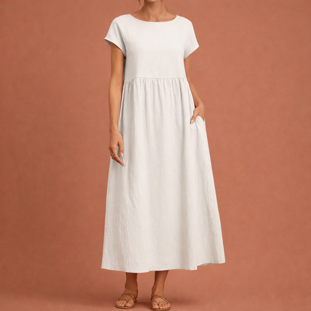 Midi vintage O-neck dress for women with a loose fit and summer elegance | Hilde