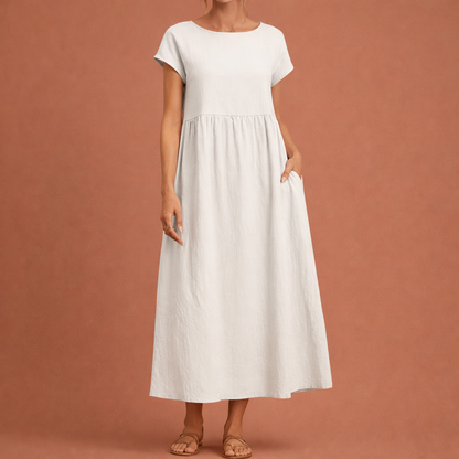 Midi vintage O-neck dress for women with a loose fit and summer elegance | Hilde