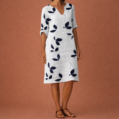Midi dress with leaf print and V-neck for women | Nina