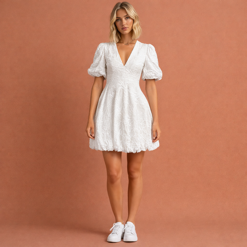 White minidress with 3D flower pattern and puff sleeves for women | Elly