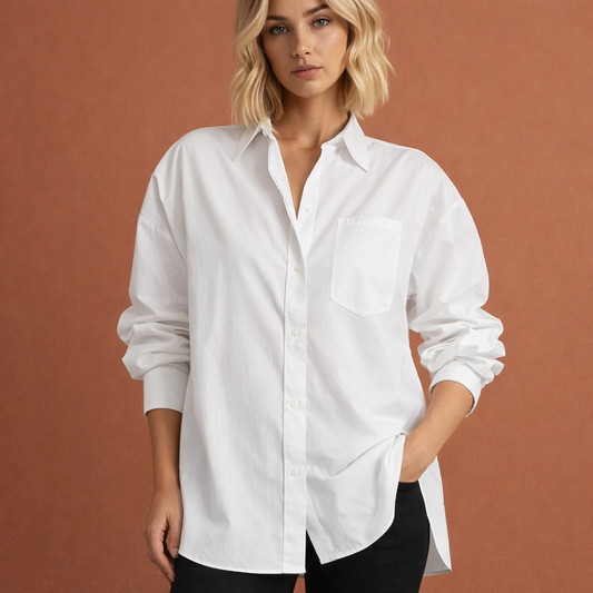 Oversized women's blouse with classic collar and chest pocket | Yfke