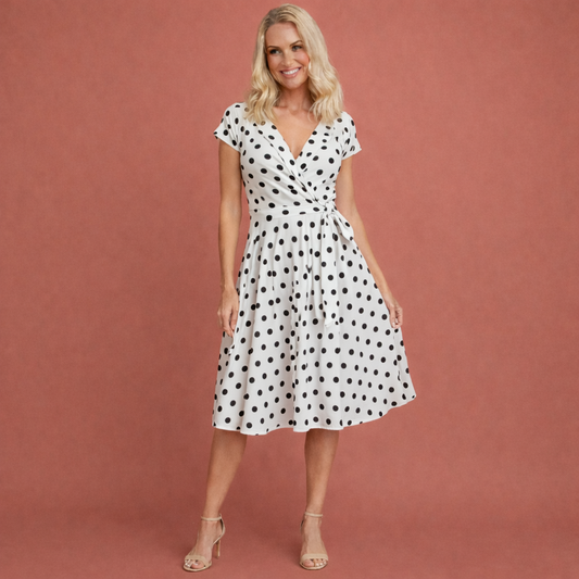 Polka dot dress with V-neck and belt for women | Frederika