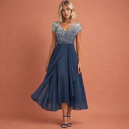 Midi evening dress with V-neck and floral bodice for women | Faith