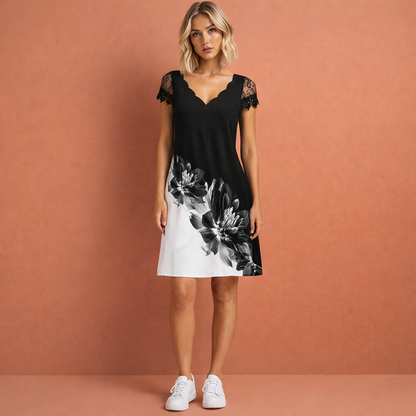 Lace Mini Dress with Scalloped V-Neck for Women | Danara