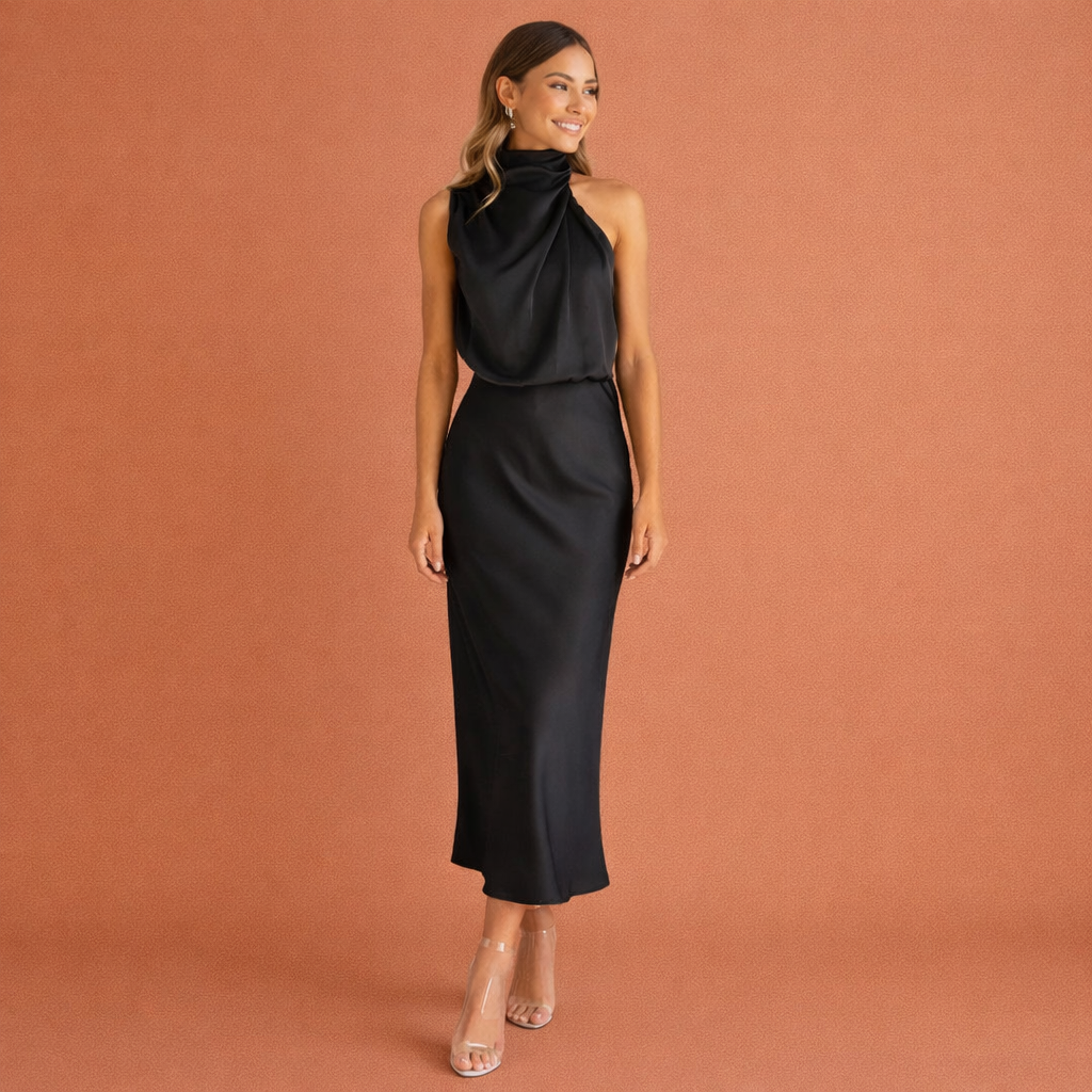 Elegant maxi dress with draped neckline and sleeveless design for women | Helena