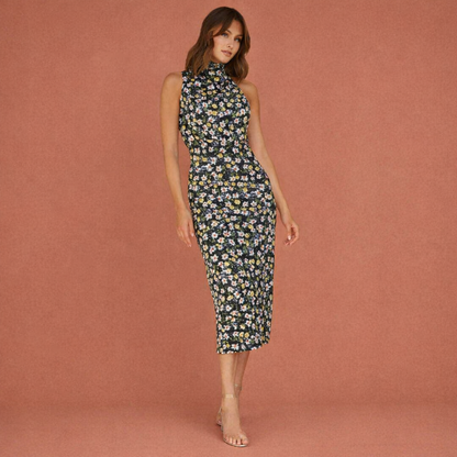 Elegant maxi dress with draped neckline and sleeveless design for women | Helena