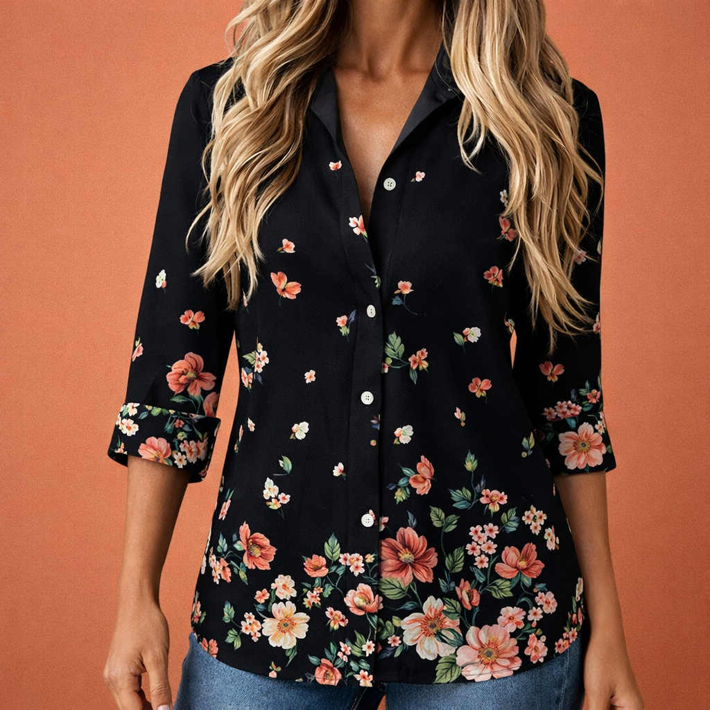 Flower print blouse with collar and button closure for women | Isabeau