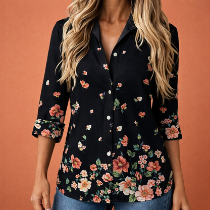 Flower print blouse with collar and button closure for women | Isabeau