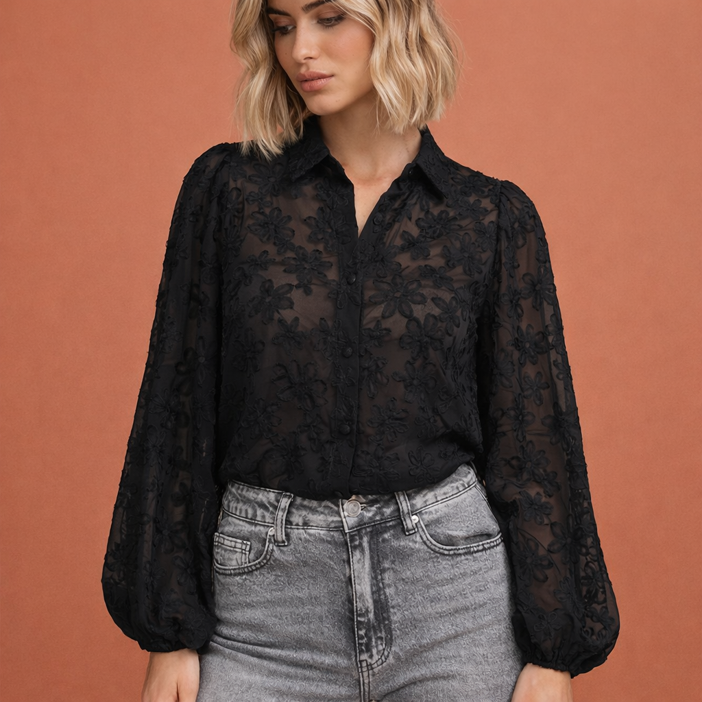 Transparent black blouse with floral embroidery for women | Soraya
