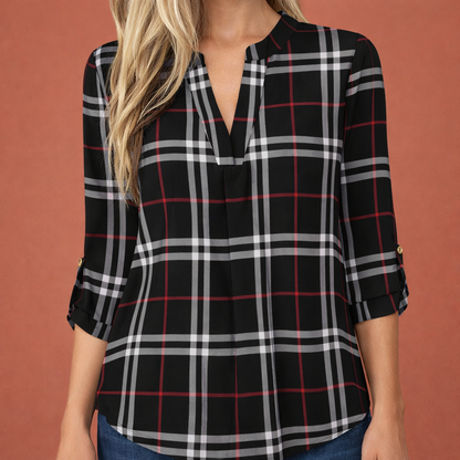 Plaid V-neck blouse for women with long sleeves and cuffed sleeves | Zafira
