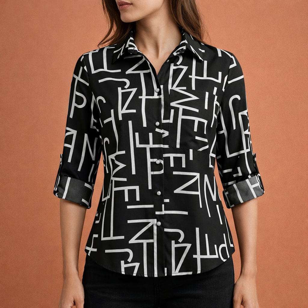 Printed women's blouse with collar and button closure | Mireya