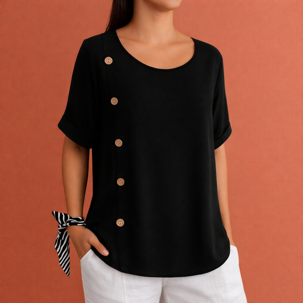 Short sleeve women's blouse with round neck and decorative buttons on the side | Elara