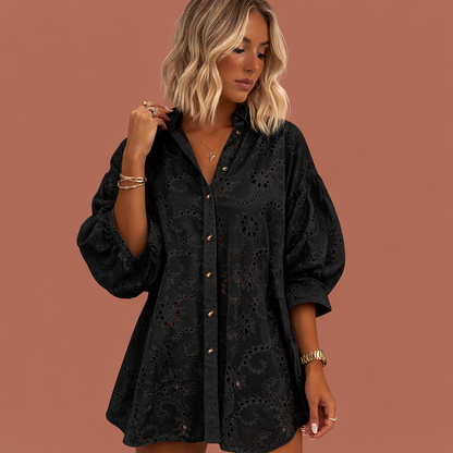 Embroidered blouse with V-neck and button closure for women | Isabelle