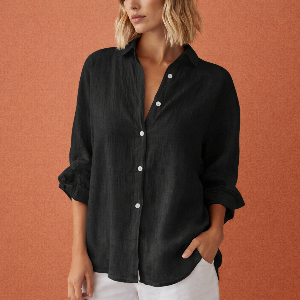 Loose-fitting linen blouse for women with rolled-up sleeves | Marijke