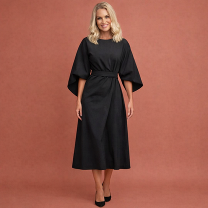 Maxi wrap dress with belt and wide sleeves for women | Evelina