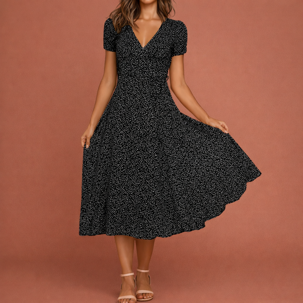 Summer Midi A-Line Dress with Floral Print and V-Neck for Women | Celine