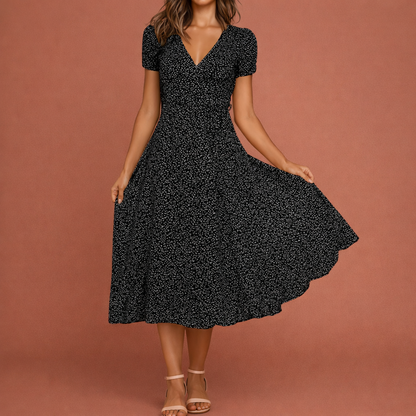 Summer Midi A-Line Dress with Floral Print and V-Neck for Women | Celine