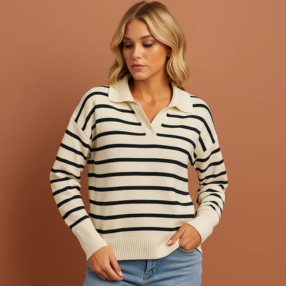 Casual long-sleeve polo with striped design for women | Lisa