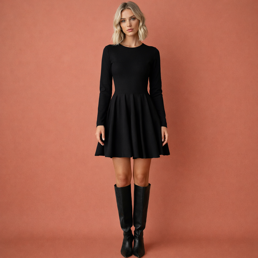 Elegant skater dress with long sleeves for women | Janneke