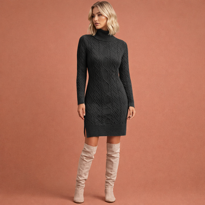 Midi knitted dress with long sleeves and round neckline for women | Wilma