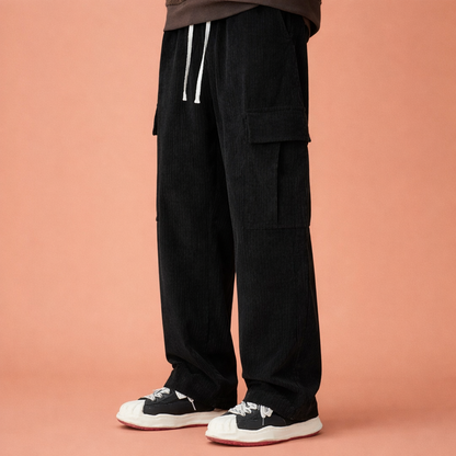 Corduroy cargo pants with drawstring and loose fit for men | Wybren