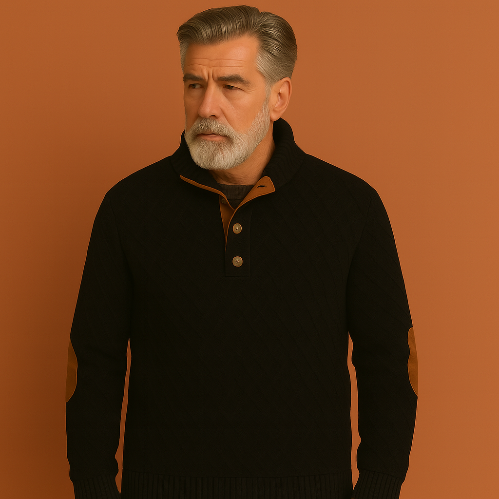 Knit Men's Sweater with Button Collar and Elbow Details | Antoon