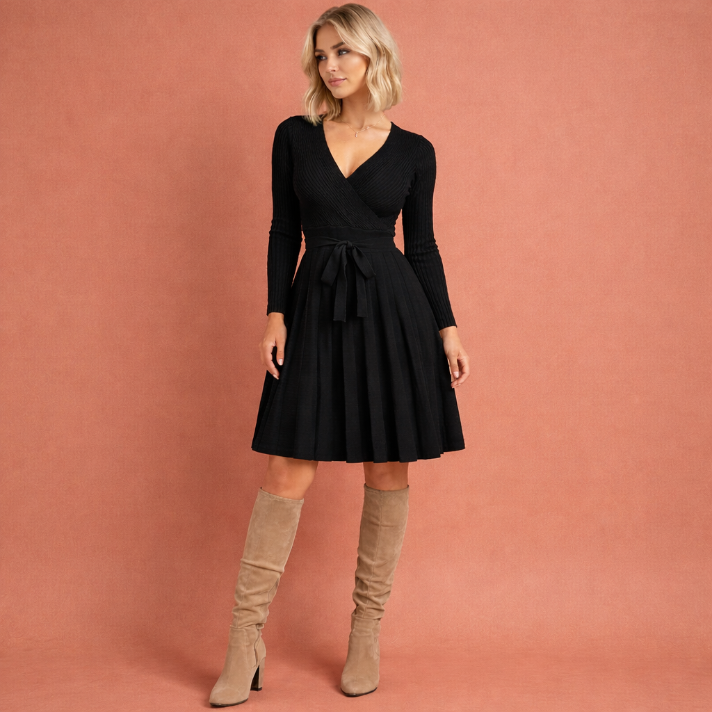 Dress with V-neck and belt for women | Naomi