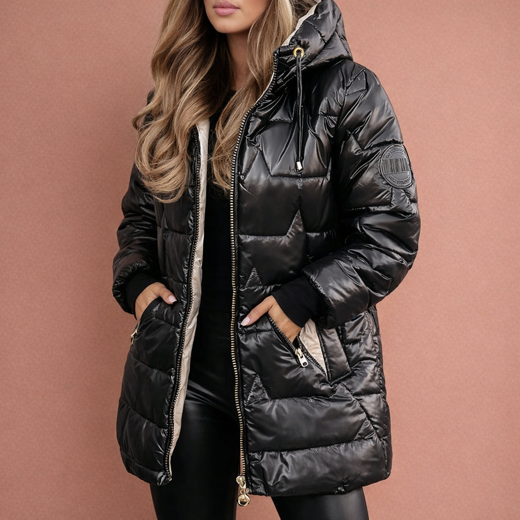 Long padded coat with hood and zipper for women | Yvette
