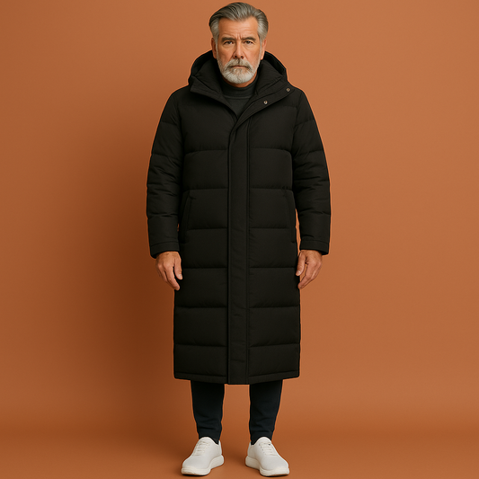 Long winter coat with hood and zipper for men | Tino