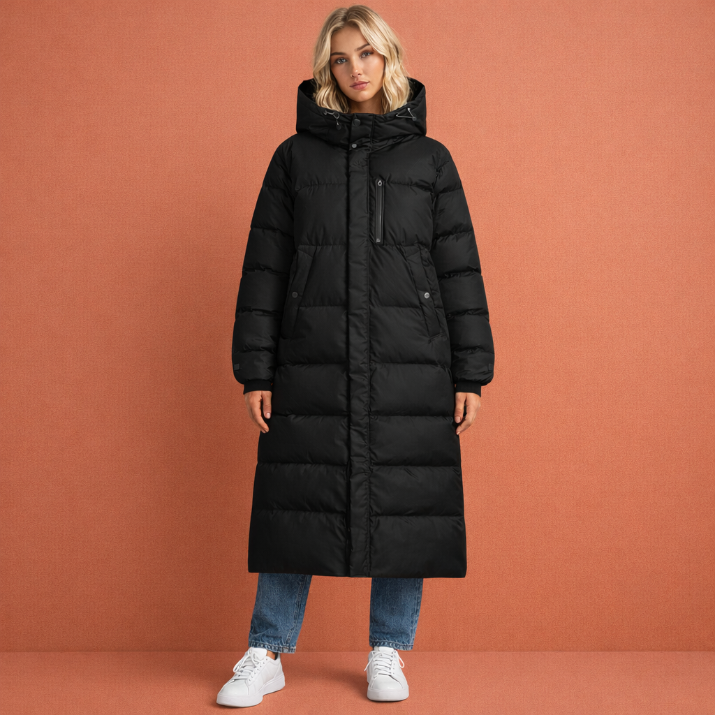 Long quilted winter coat with front pockets for women | Katja