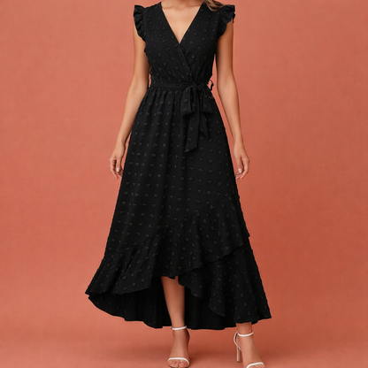 Maxi pleated dress with polka dots and short sleeves for women | Celina