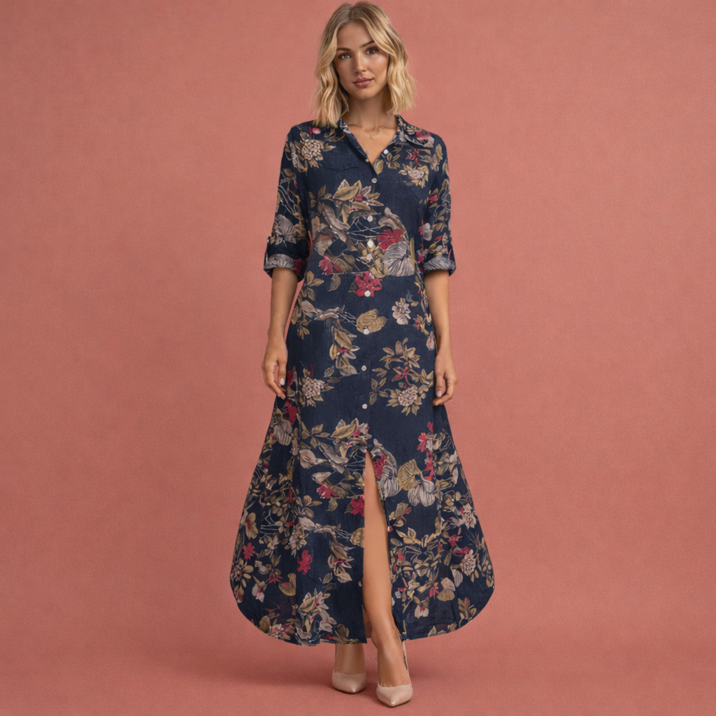 Maxi dress with floral print and button closure for women | Cassie
