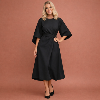 Midi dress with lantern sleeves and belt for women | Julie