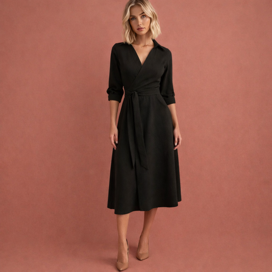 Midi dress with flared fit and lapel collar for women | Riley