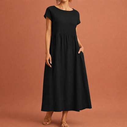 Midi vintage O-neck dress for women with a loose fit and summer elegance | Hilde